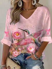 Women's Breast Cancer Awareness Pink Hummingbird V-Neck Waffle Top gracestitchs