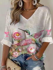 Women's Breast Cancer Awareness Pink Hummingbird V-Neck Waffle Top gracestitchs