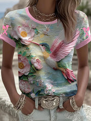 Women's Breast Cancer Awareness Pink Hummingbird Print T-Shirt gracestitchs