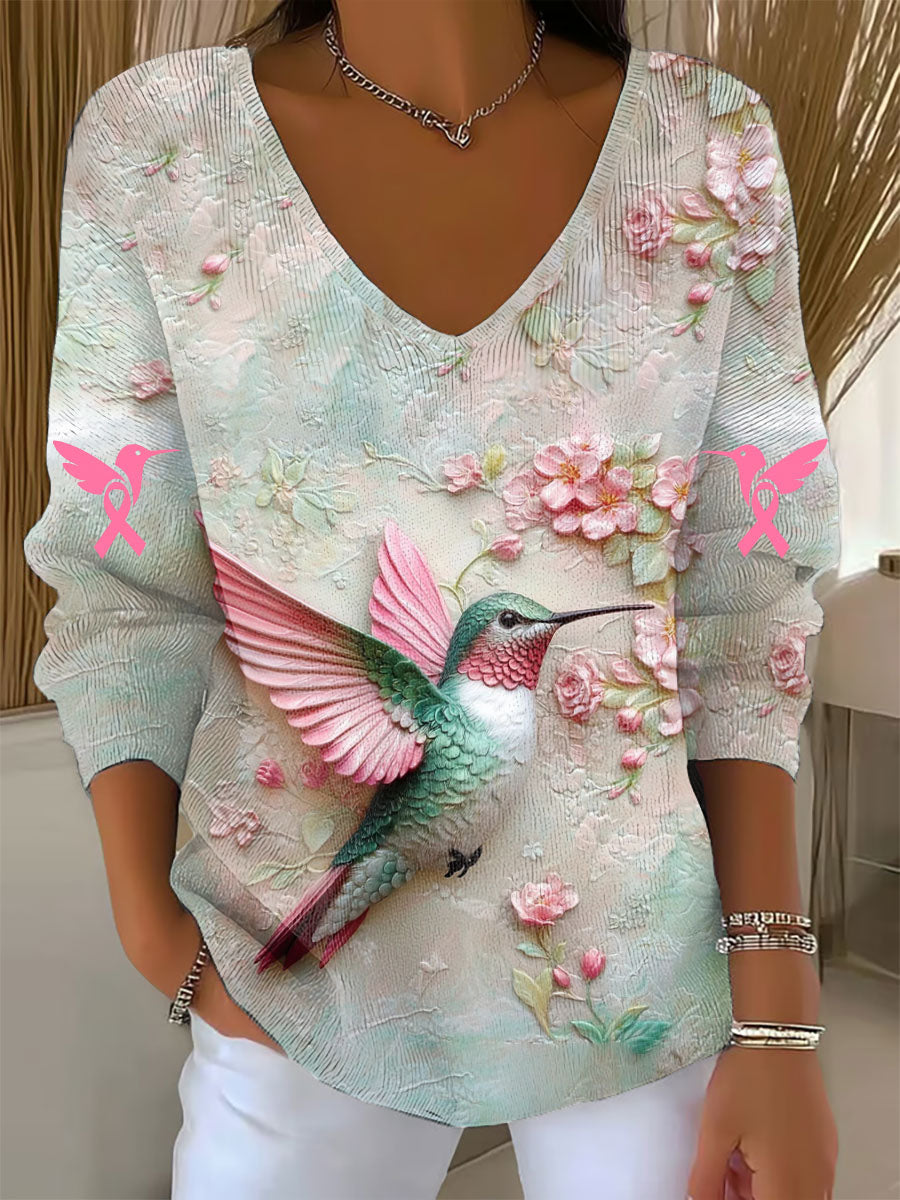 Women's Breast Cancer Awareness Pink Hummingbird Print V-Neck Top gracestitchs