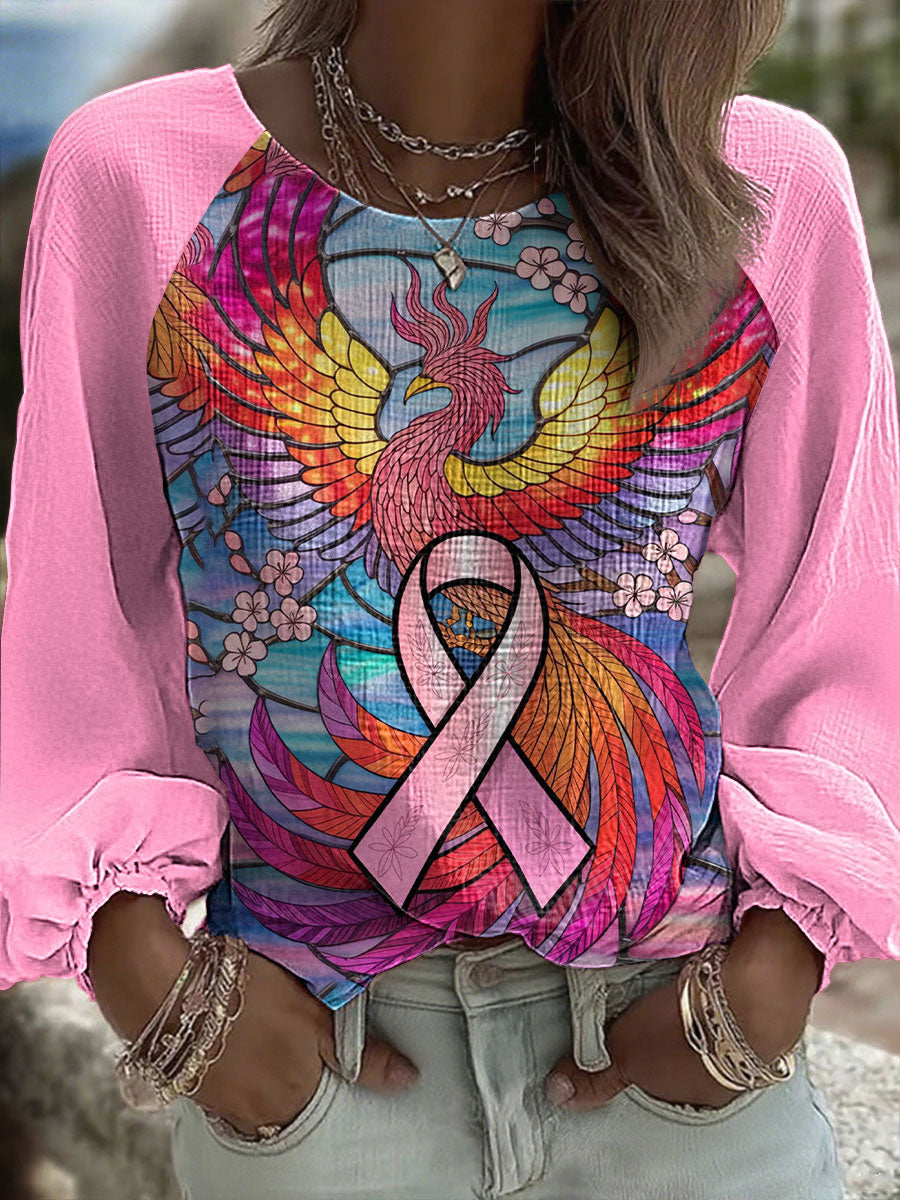 Women's Breast Cancer Awareness Pink Phoenix Print Cotton and Linen Top gracestitchs