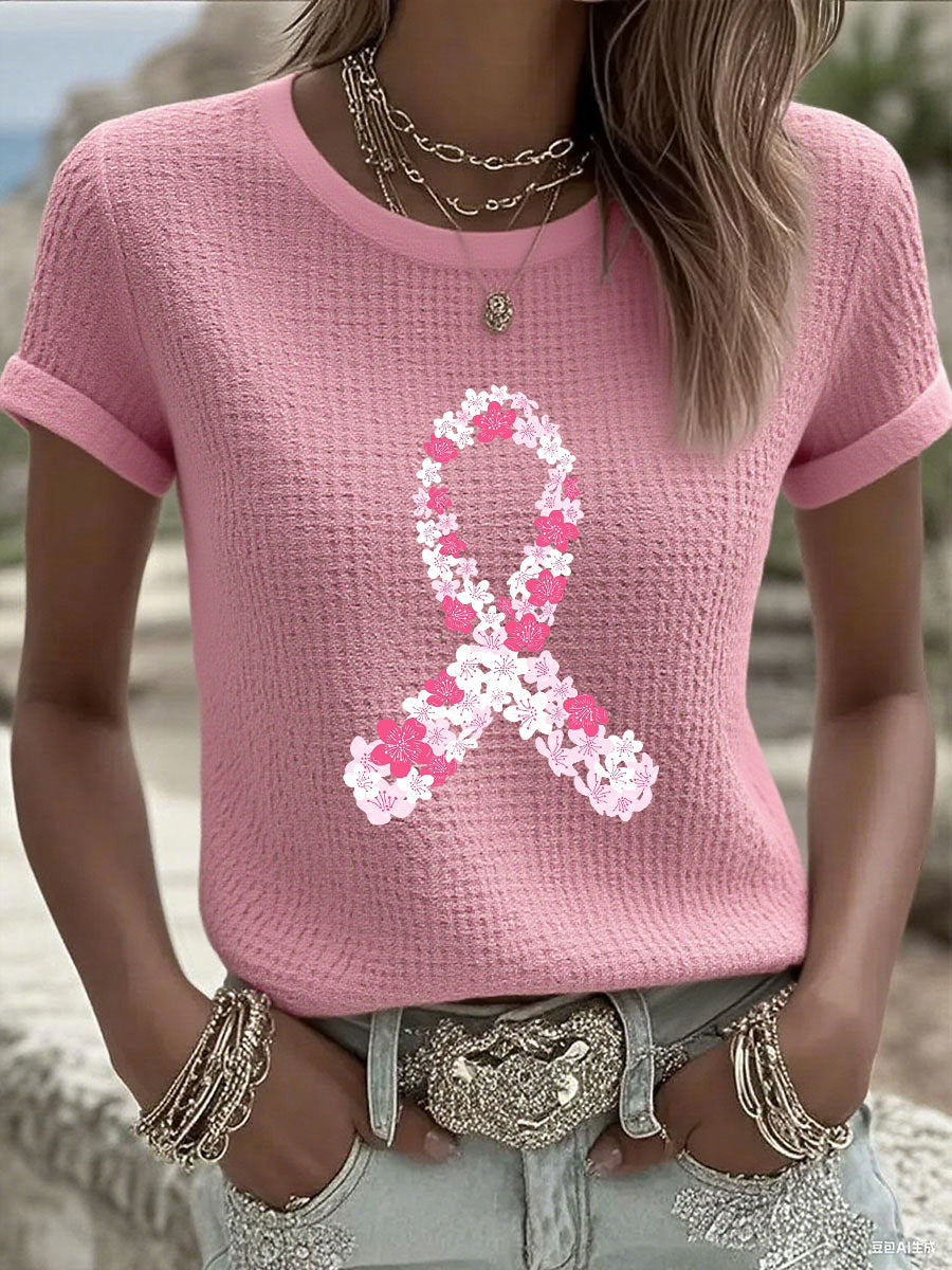Women's Breast Cancer Awareness Pink Cherry Blossom Ribbon V-Neck T-Shirt gracestitchs