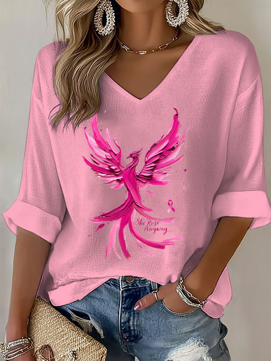 Women's Breast Cancer Awareness Pink Phoenix V-Neck Waffle Top gracestitchs