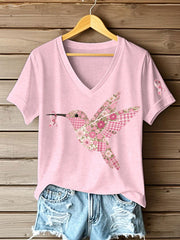 Women's Pink Hummingbird Print T-shirt gracestitchs