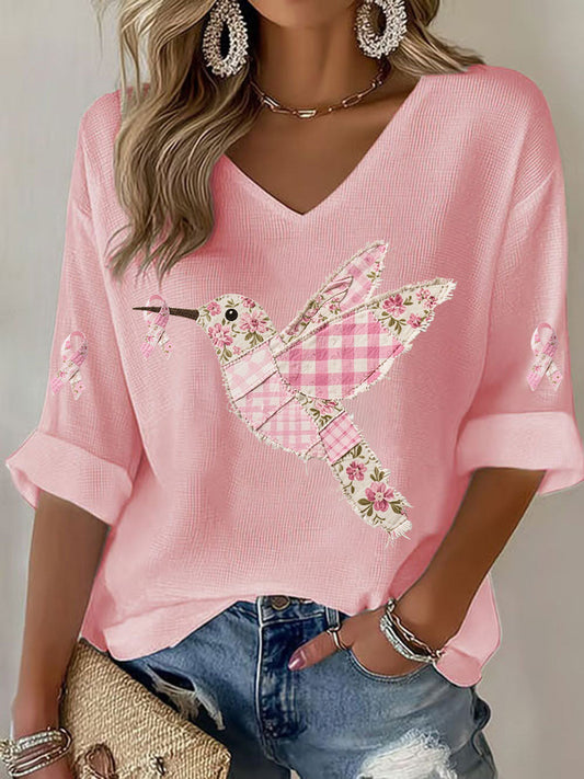 Women's Pink Hummingbird Print T-shirt