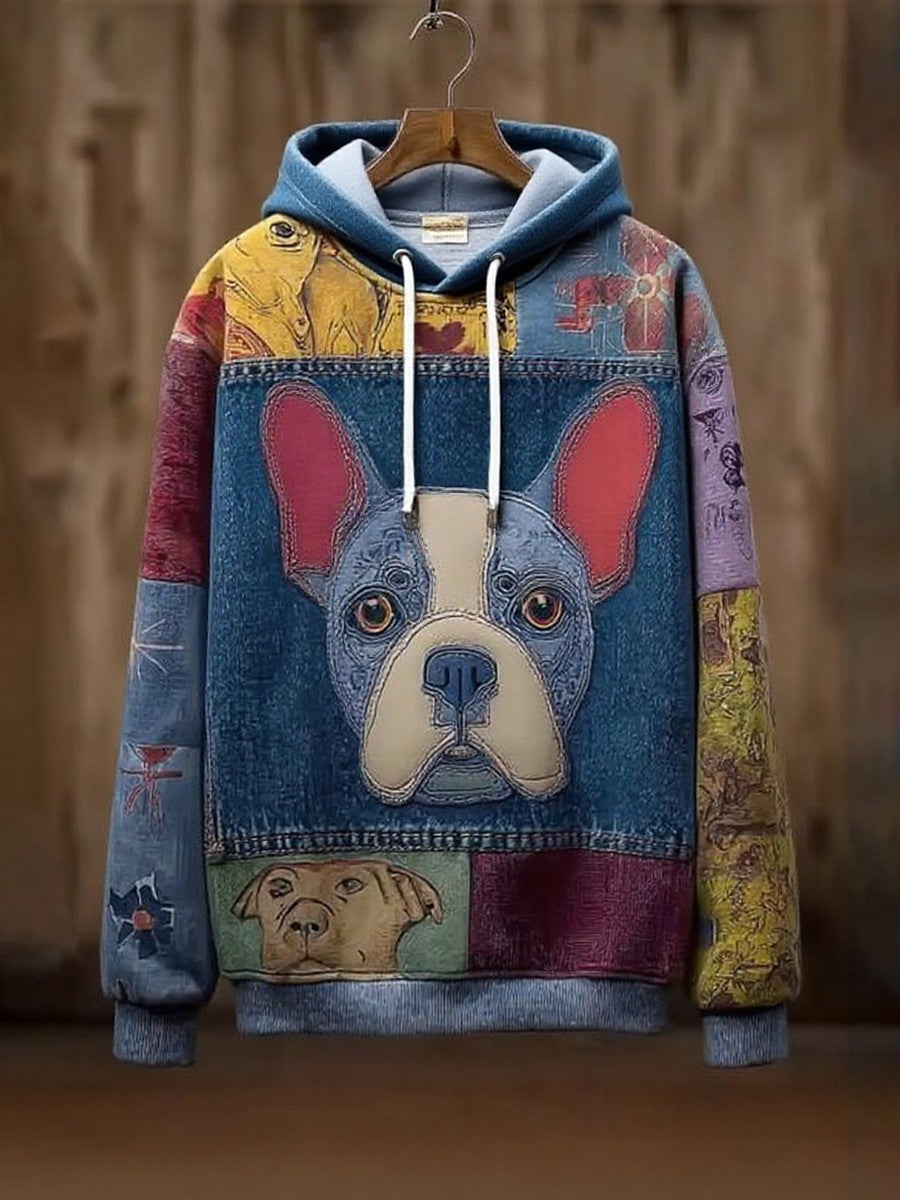 Vintage Patchwork Dog Print Art Casual Hoodie gracestitchs