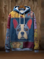 Vintage Patchwork Dog Print Art Casual Hoodie