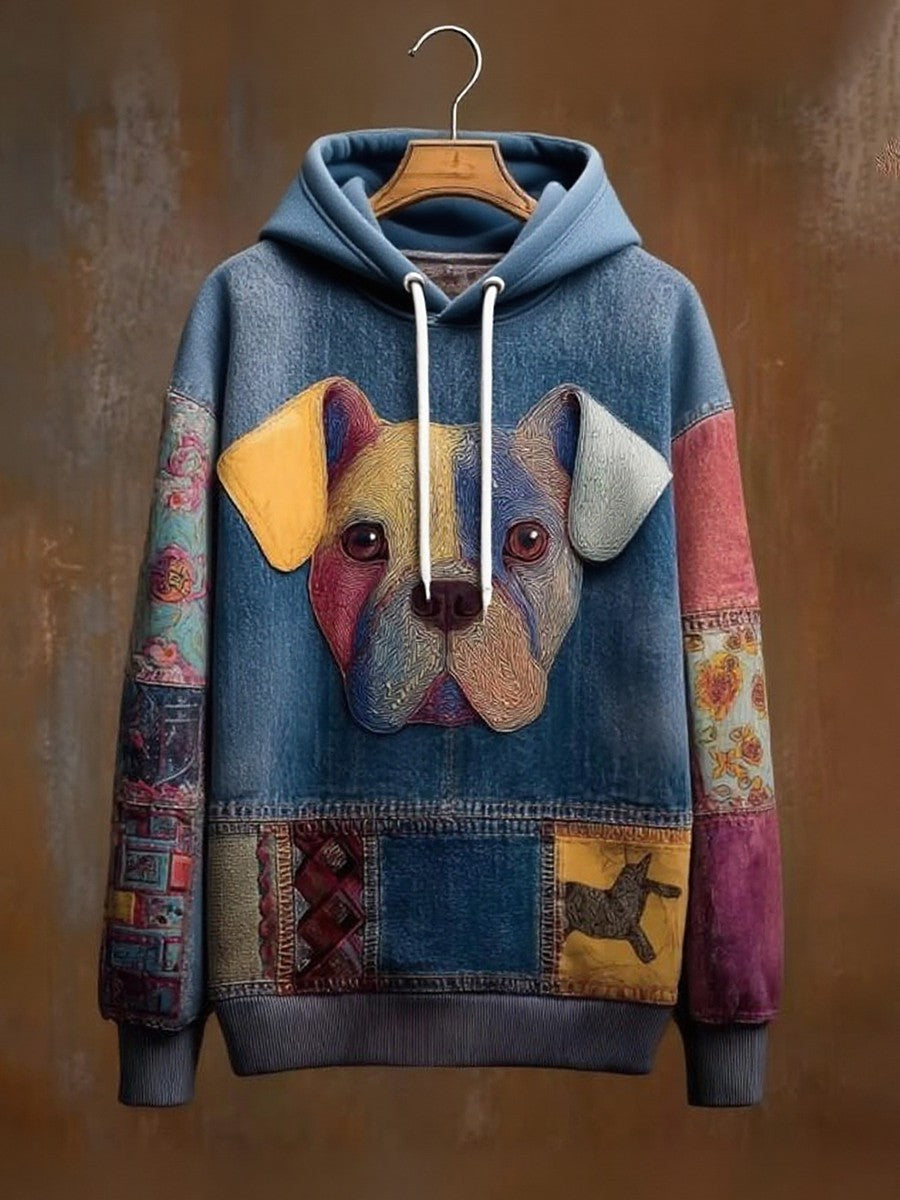 Vintage Patchwork Dog Print Art Casual Hoodie gracestitchs