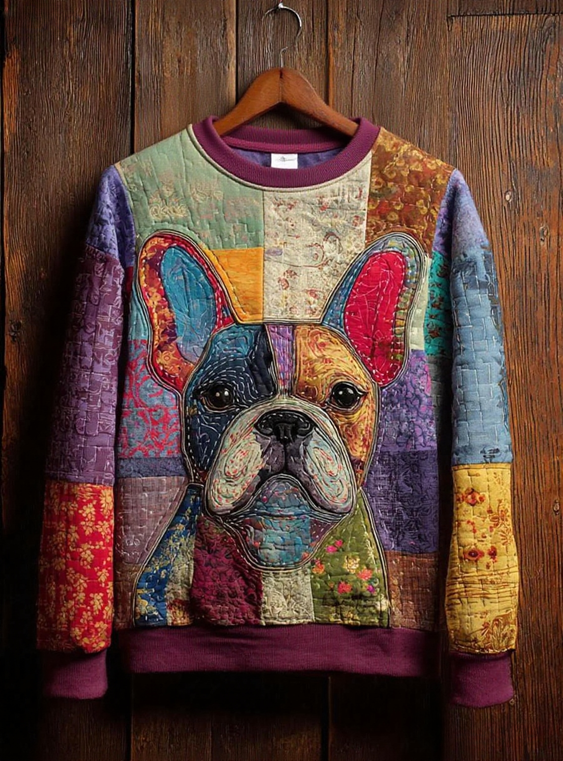 Women's Vintage Patchwork Dog Art Print Casual Sweatshirt gracestitchs