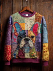 Women's Vintage Patchwork Dog Art Print Casual Sweatshirt gracestitchs