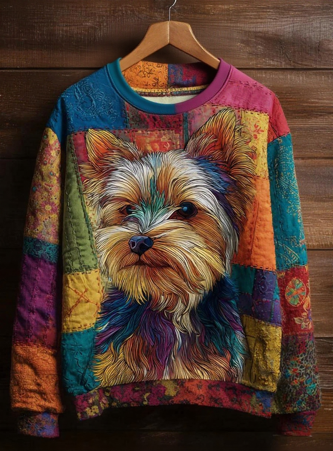 Women's Vintage Patchwork Dog Art Print Casual Sweatshirt gracestitchs