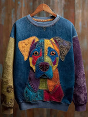 Women's Vintage Patchwork Dog Art Print Casual Sweatshirt gracestitchs