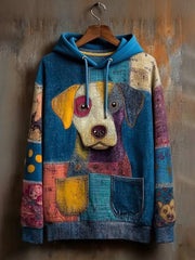 Vintage Patchwork Dog Print Art Casual Hoodie gracestitchs
