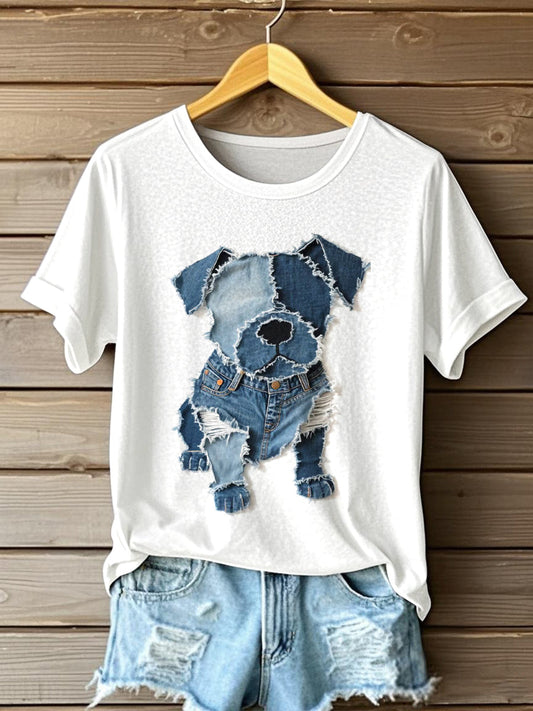 Women's Dog Pattern Denim Patchwork Art T-Shirt gracestitchs