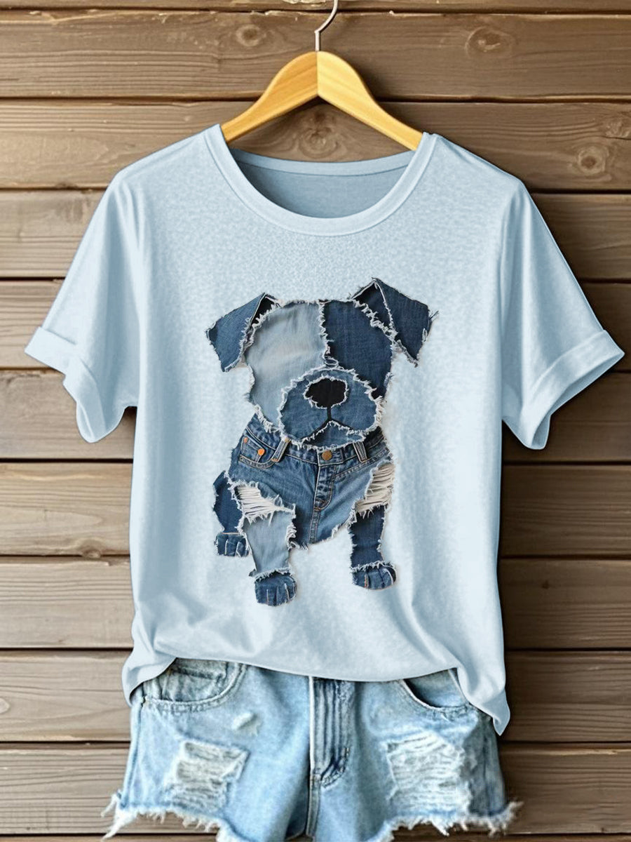 Women's Dog Pattern Denim Patchwork Art T-Shirt gracestitchs