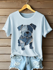 Women's Dog Pattern Denim Patchwork Art T-Shirt gracestitchs