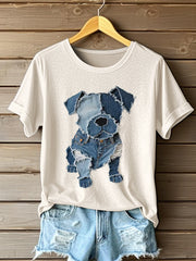Women's Dog Pattern Denim Patchwork Art T-Shirt gracestitchs
