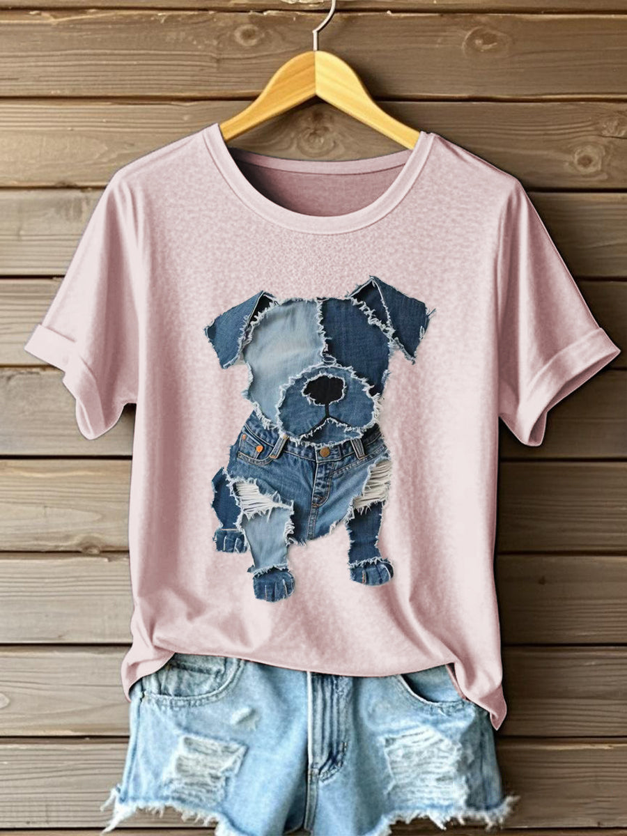 Women's Dog Pattern Denim Patchwork Art T-Shirt gracestitchs
