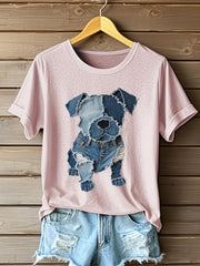 Women's Dog Pattern Denim Patchwork Art T-Shirt gracestitchs