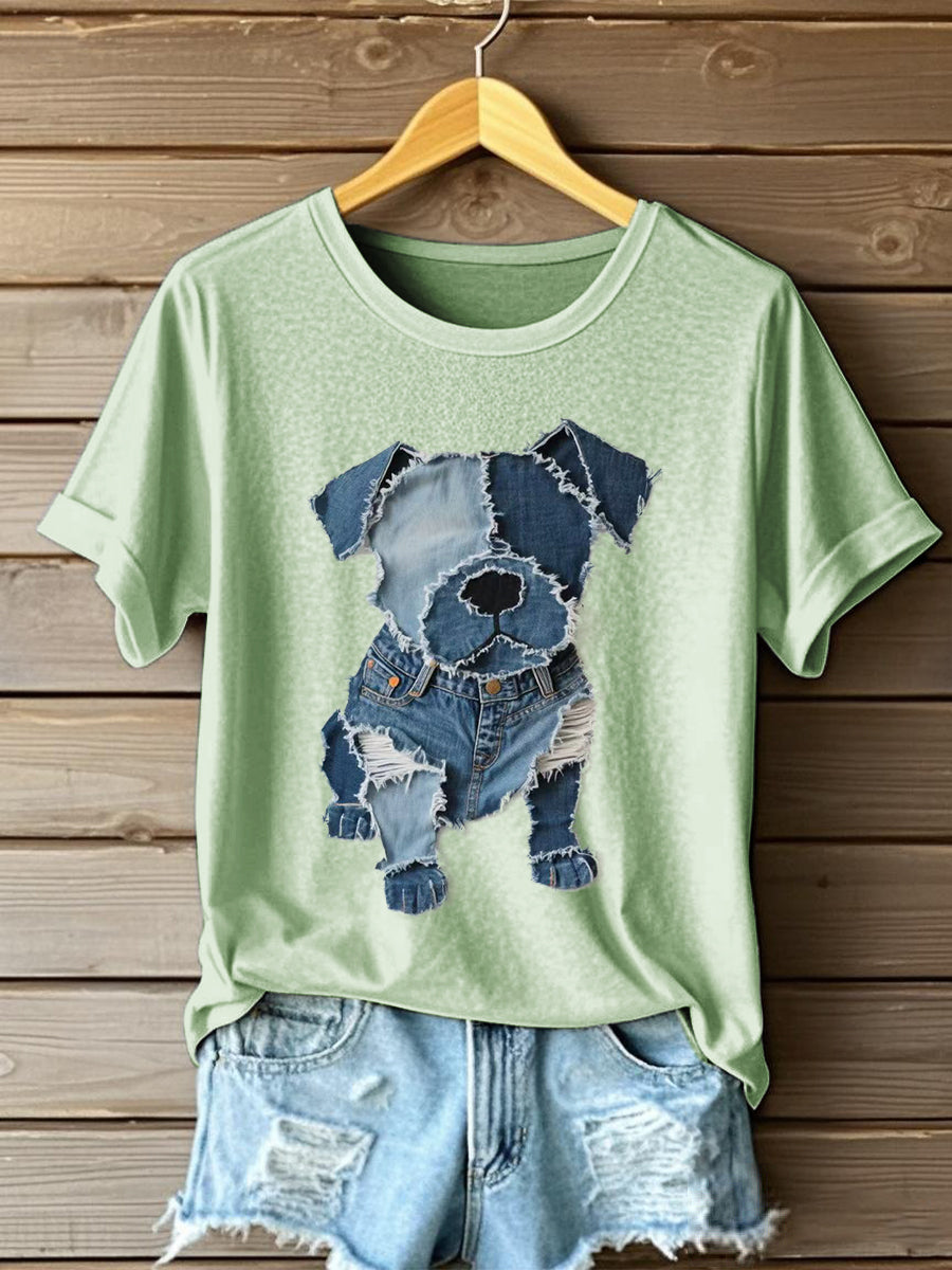 Women's Dog Pattern Denim Patchwork Art T-Shirt gracestitchs