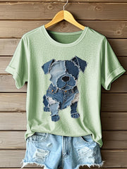 Women's Dog Pattern Denim Patchwork Art T-Shirt gracestitchs