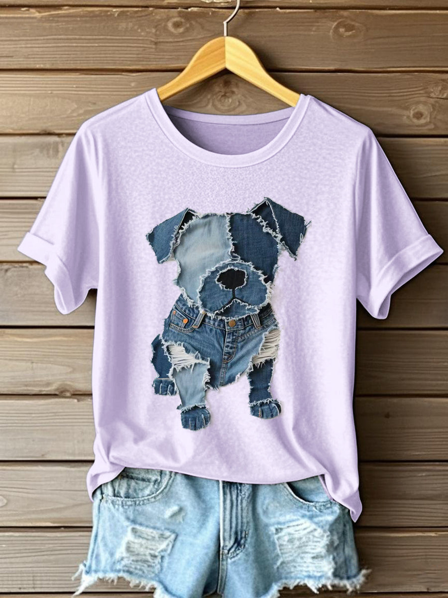 Women's Dog Pattern Denim Patchwork Art T-Shirt gracestitchs