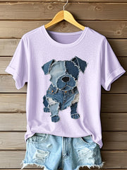 Women's Dog Pattern Denim Patchwork Art T-Shirt gracestitchs
