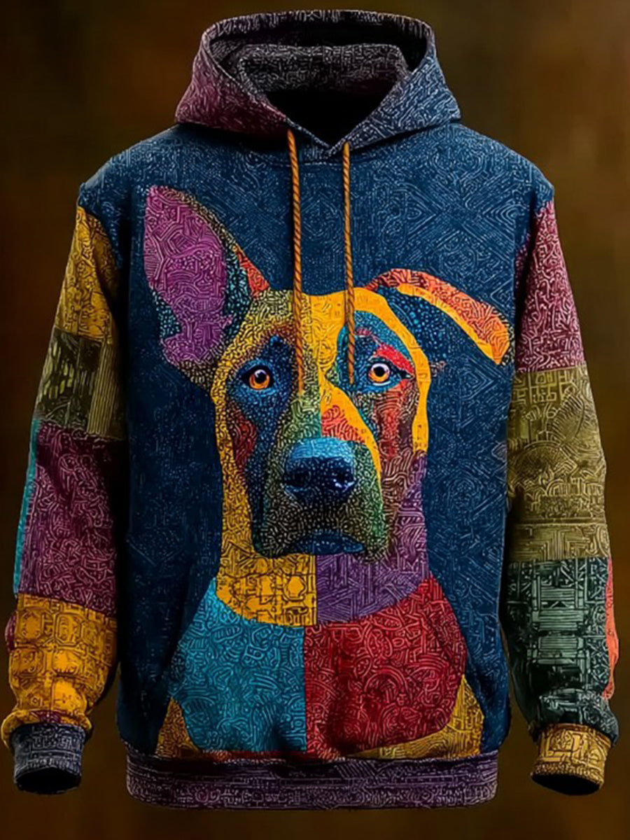Vintage Patchwork Dog Print Art Casual Hoodie gracestitchs