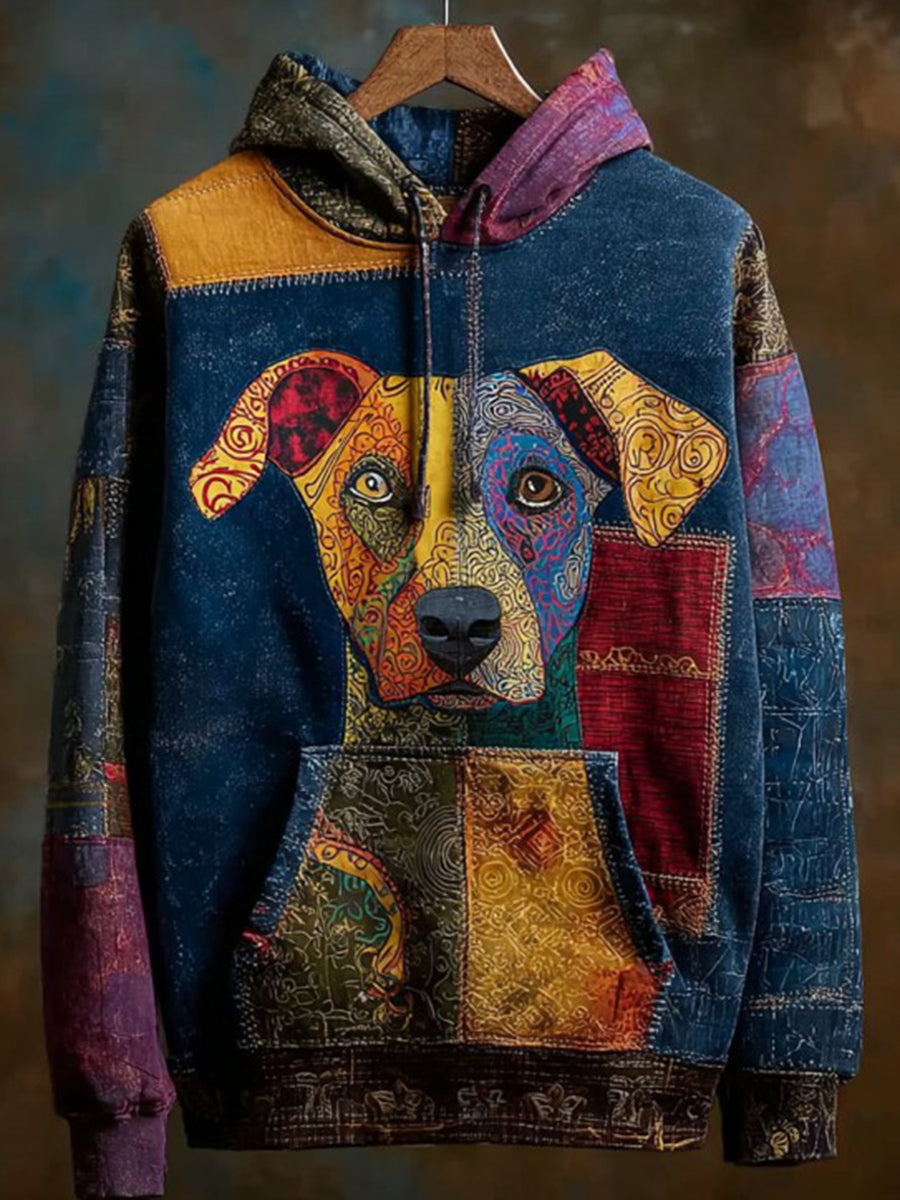 Vintage Patchwork Dog Print Art Casual Hoodie gracestitchs