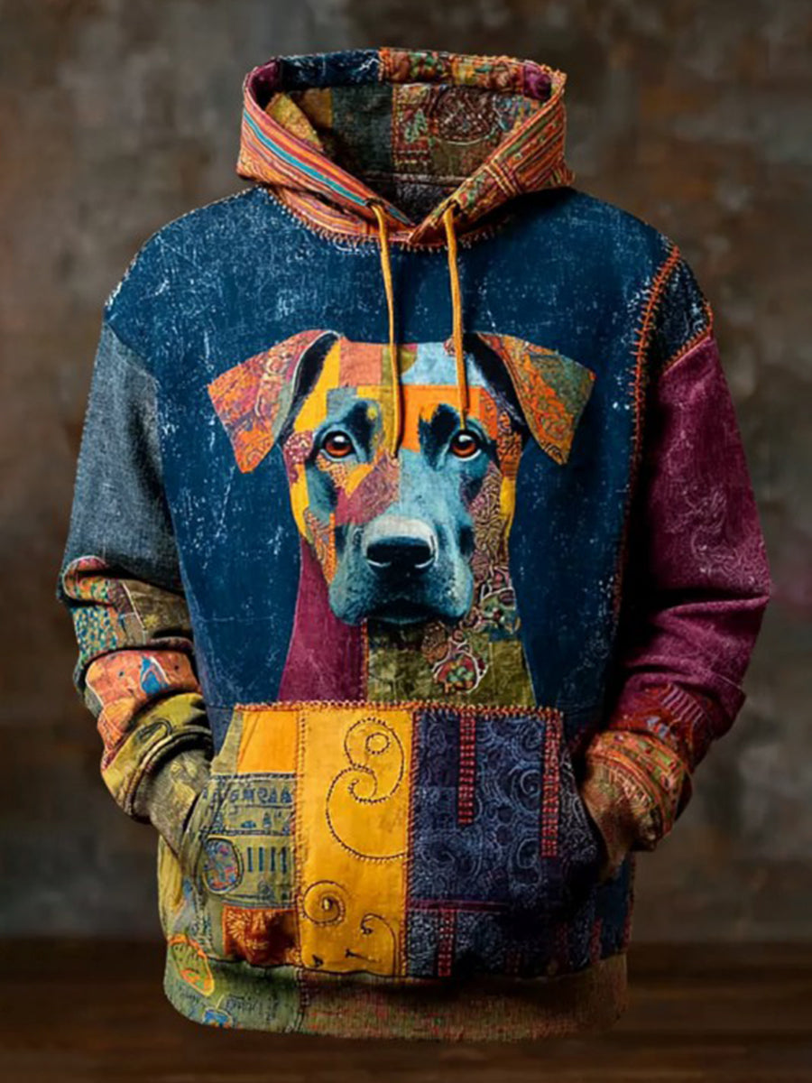 Vintage Patchwork Dog Print Art Casual Hoodie gracestitchs