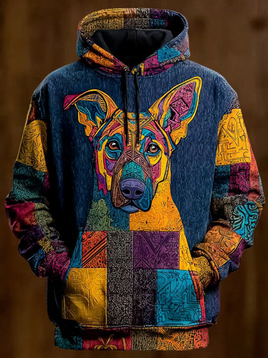 Vintage Patchwork Dog Print Art Casual Hoodie gracestitchs