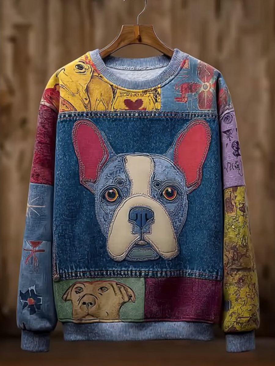 Women's Denim Dog Print Casual Sweatshirt gracestitchs