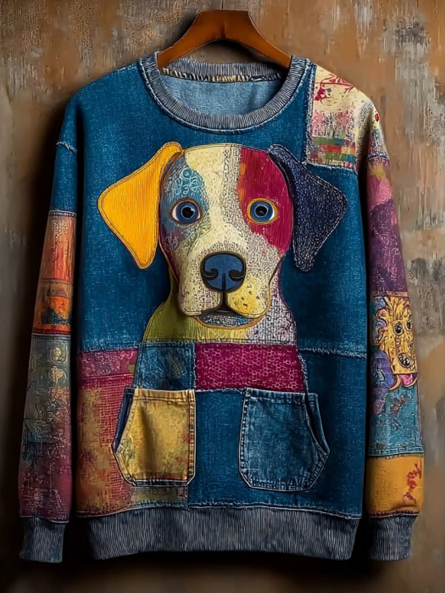 Women's Denim Dog Print Casual Sweatshirt gracestitchs