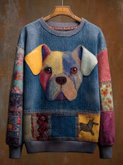 Women's Denim Dog Print Casual Sweatshirt gracestitchs