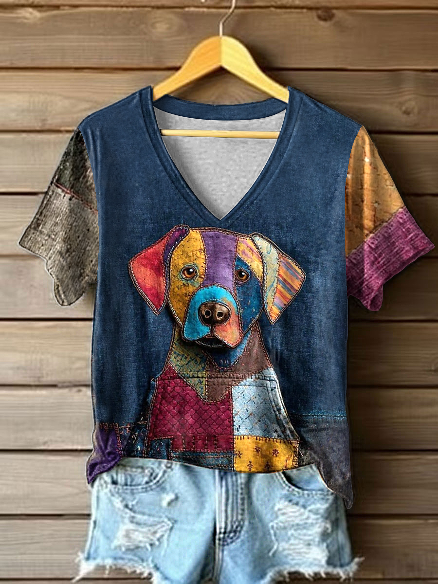 Women's Vintage Patchwork Dog Printed T-shirt gracestitchs