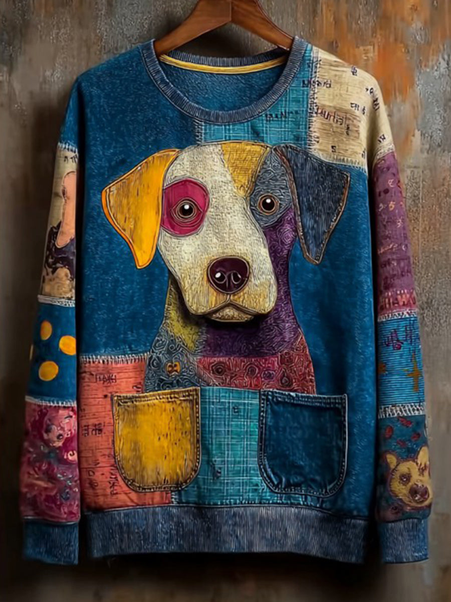Women's Denim Dog Print Casual Sweatshirt gracestitchs