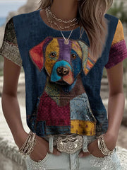 Women's Vintage Patchwork Dog Printed T-shirt gracestitchs
