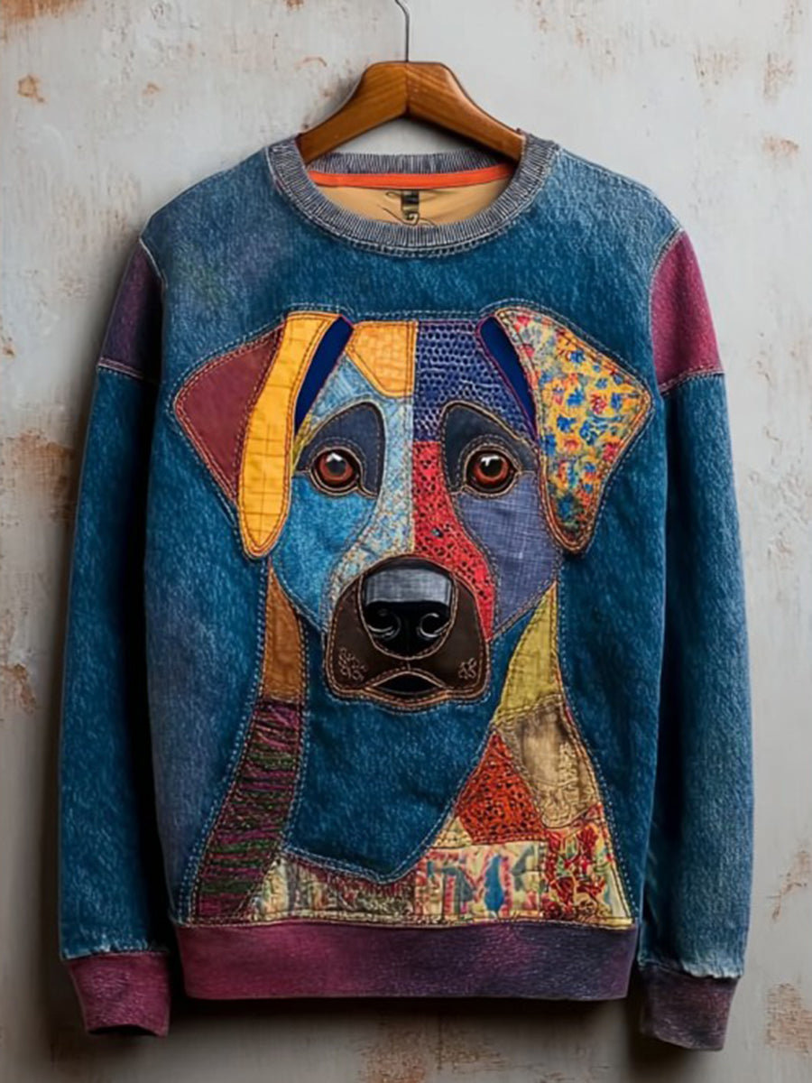 Women's Denim Dog Print Casual Sweatshirt gracestitchs