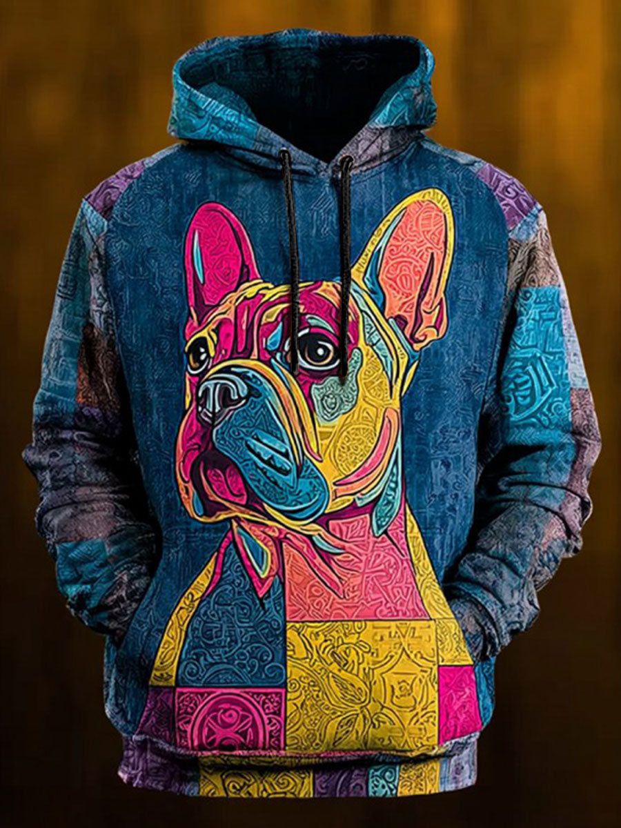 Vintage Patchwork Dog Print Art Casual Hoodie gracestitchs