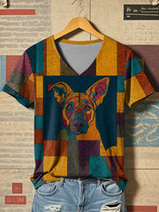 Women's Vintage Patchwork Dog Printed V-neck T-shirt gracestitchs