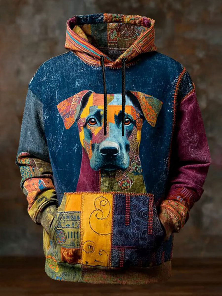 Vintage Patchwork Dog Print Art Casual Hoodie gracestitchs