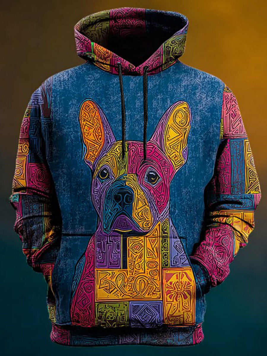 Vintage Patchwork Dog Print Art Casual Hoodie gracestitchs