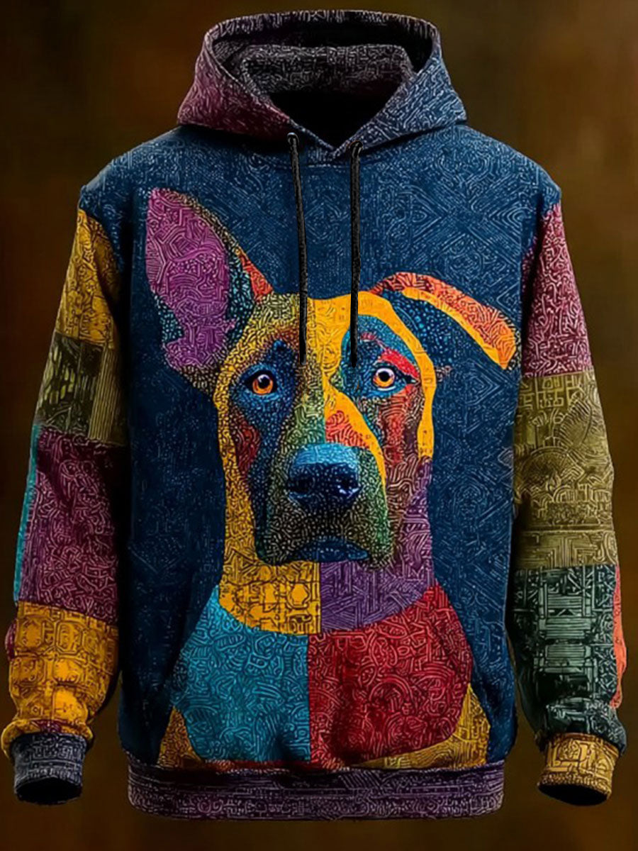 Vintage Patchwork Dog Print Art Casual Hoodie gracestitchs