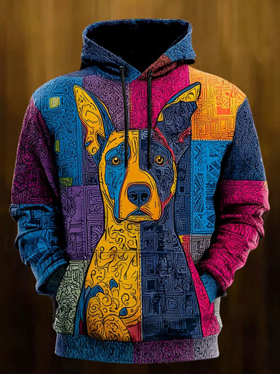 Vintage Patchwork Dog Print Art Casual Hoodie gracestitchs