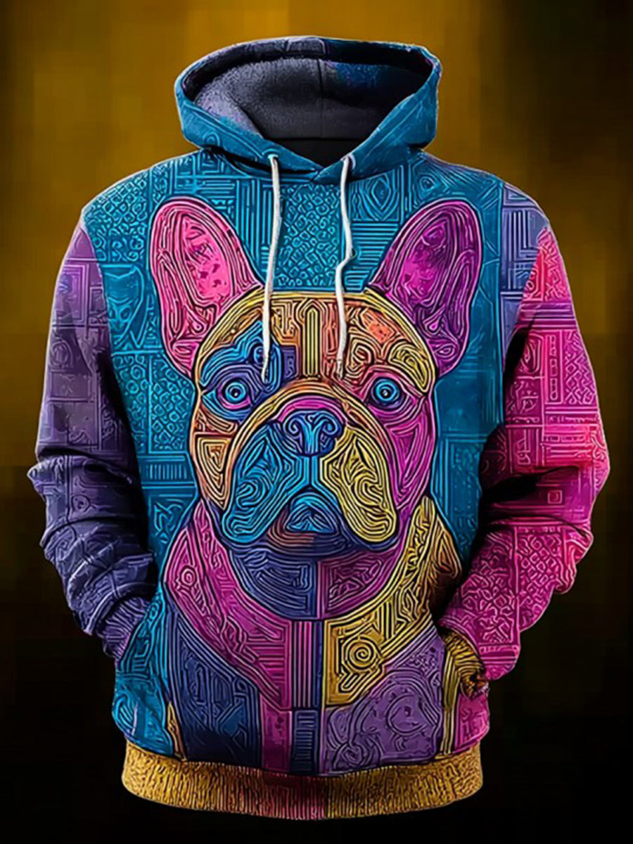 Vintage Patchwork Dog Print Art Casual Hoodie gracestitchs