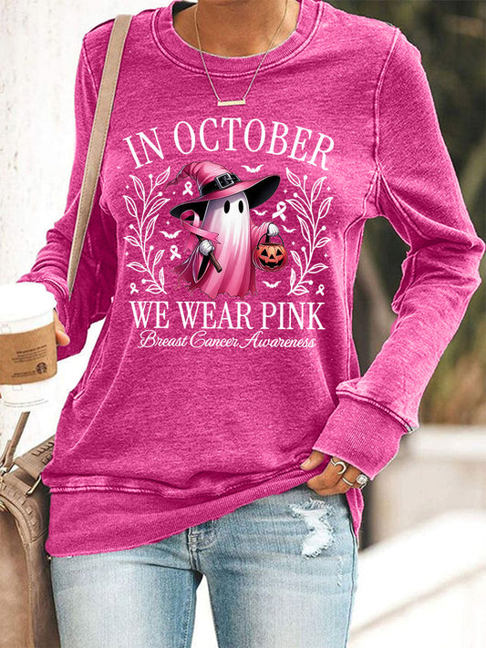 Women's In October We Wear Pink Halloween Pink Ghost Breast Cancer Awareness Support Sweatshirt gracestitchs