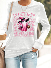 Women's In October We Wear Pink Halloween Pink Ghost Breast Cancer Awareness Support Sweatshirt gracestitchs