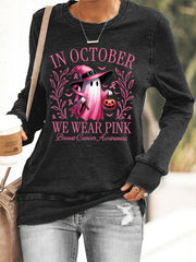Women's In October We Wear Pink Halloween Pink Ghost Breast Cancer Awareness Support Sweatshirt gracestitchs