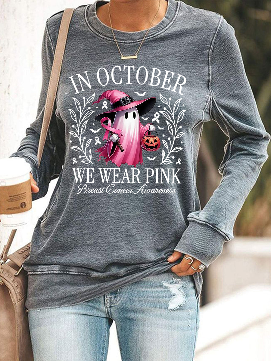 Women's In October We Wear Pink Halloween Pink Ghost Breast Cancer Awareness Support Sweatshirt gracestitchs