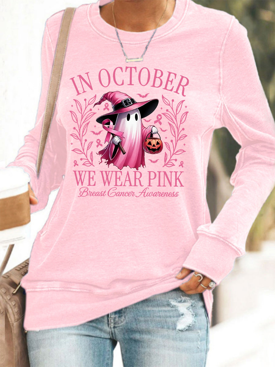 Women's In October We Wear Pink Halloween Pink Ghost Breast Cancer Awareness Support Sweatshirt gracestitchs